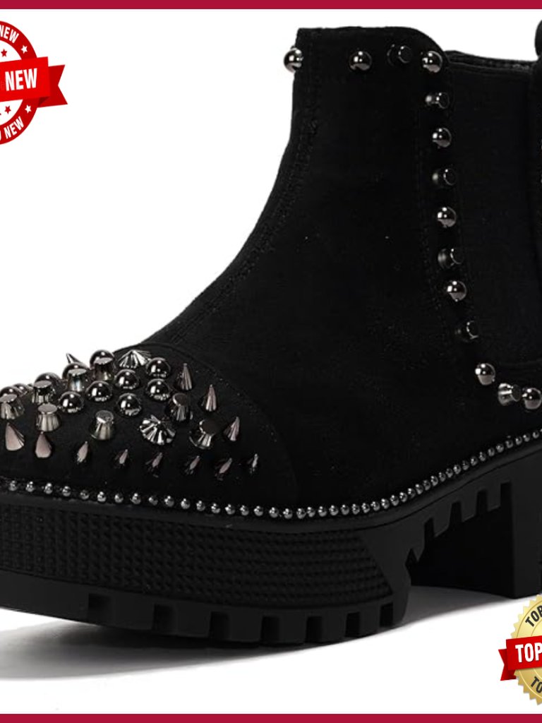 Spiky Platform Combat Boots With Gold Studs, Pull-On Closure